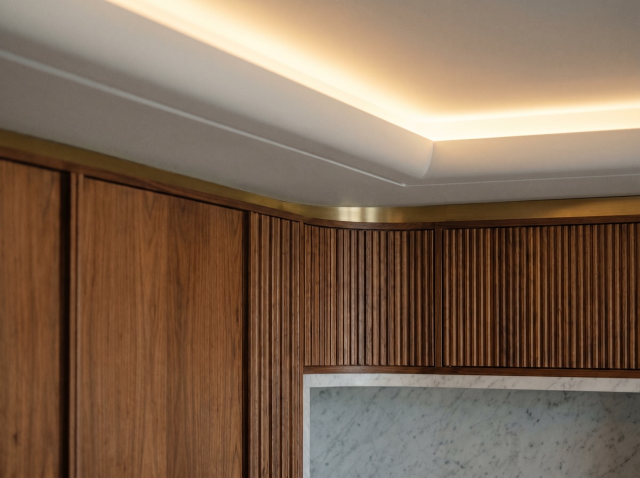 Close detail of decorative wall finishes and precision carpentry