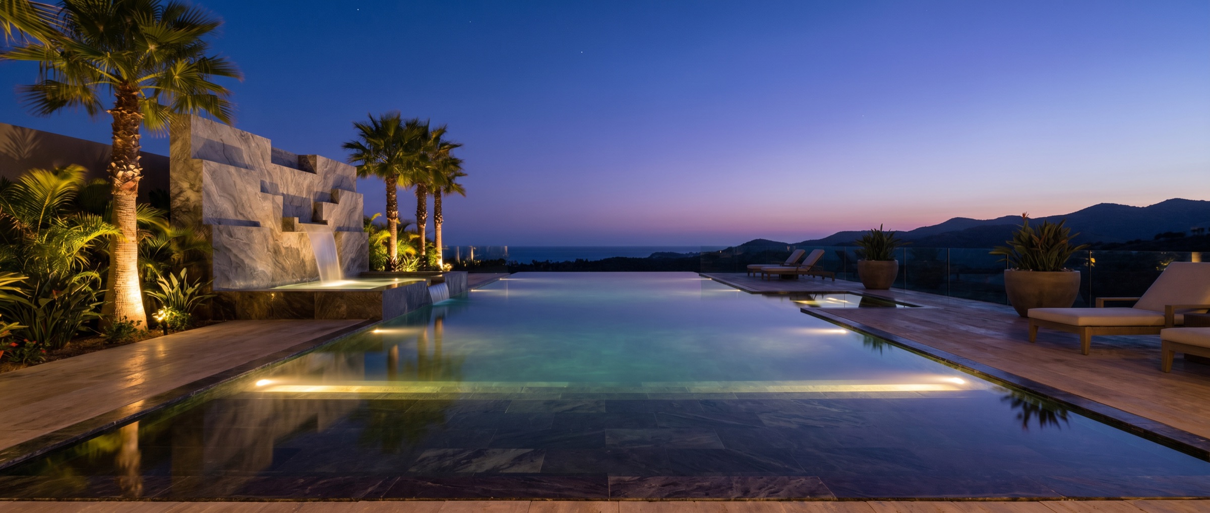 Illuminated swimming pool and cascading water feature at dusk by Platinum Buildex